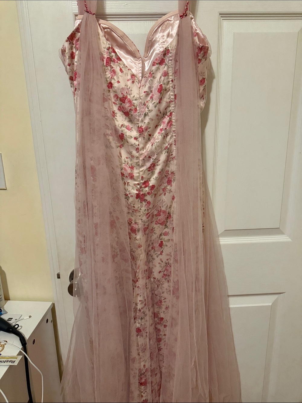 Blush Pink Floral Tulle Maxi Dress with Sheer Overlay - Picture 3 of 6